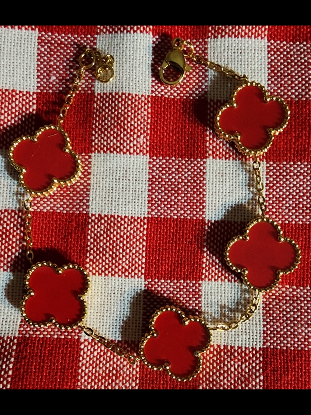 Gold Plated Bracelet with Red Clover Motifs - Women's Fashion Jewelry